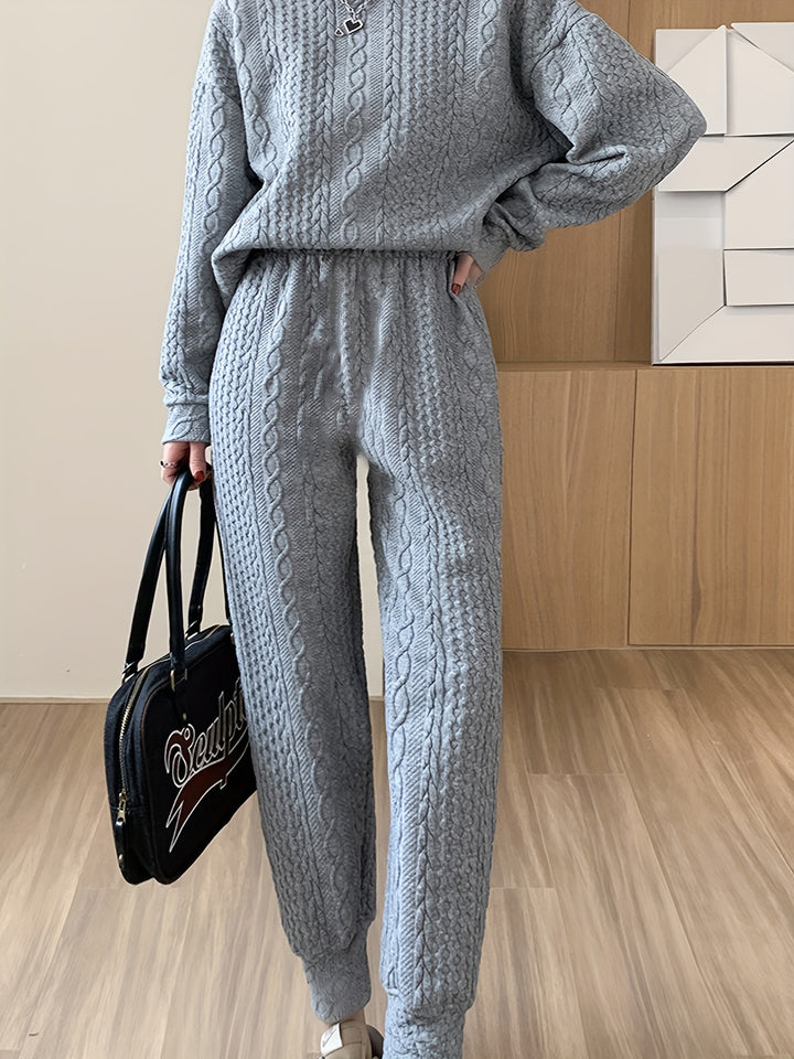 Textured Two-piece Set, Casual Long Sleeve Sweatshirt & Dual Pockets Pants Outfits, Women's Clothing