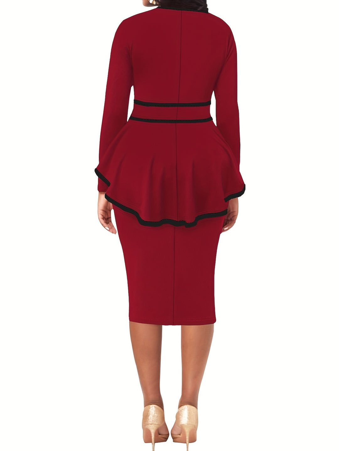 Plus Size Elegant Dress, Women's Plus Colorblock Contrast Trim Long Sleeve Round Neck Keyhole Slim Fit Layered Dress With Belt