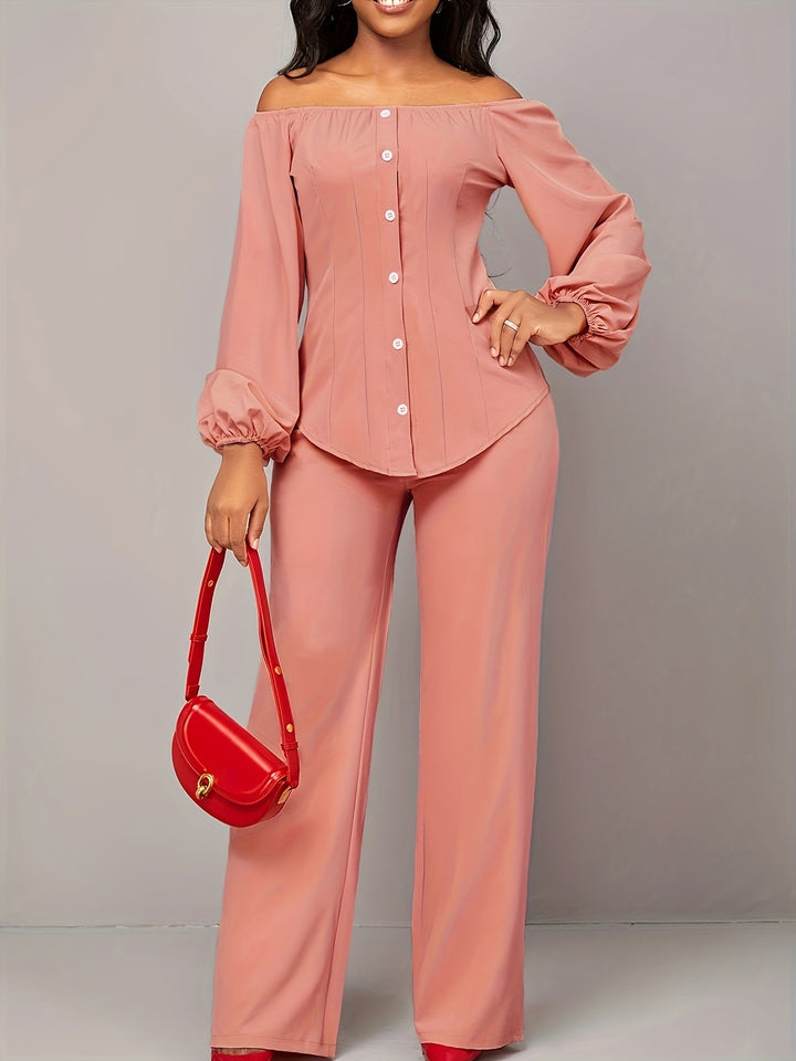 Solid Causal Two-piece Set, Off Shoulder Lantern Sleeve Button Top & Straight Leg Pants Outfits, Women's Clothing