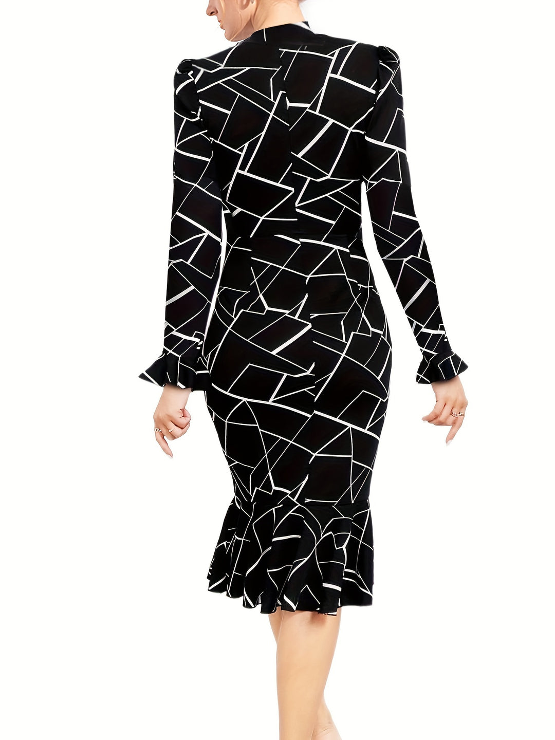 Women's Elegant Dress, Plus Size Geometric Print Bell Sleeve Mock Neck Mermaid Dress