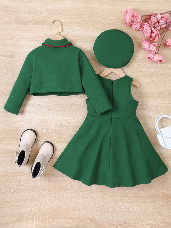 Girl's Elegant Outfit 3pcs, Bowknot Coat & Beret & Tank Dress Set, Kid's Clothes For Spring Autumn Christmas