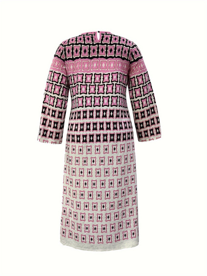 Plus Size Casual Outfits Set, Women's Plus Colorblock Geometric Print Long Sleeve Round Neck Dress & Pants Outfits 2 Piece Set
