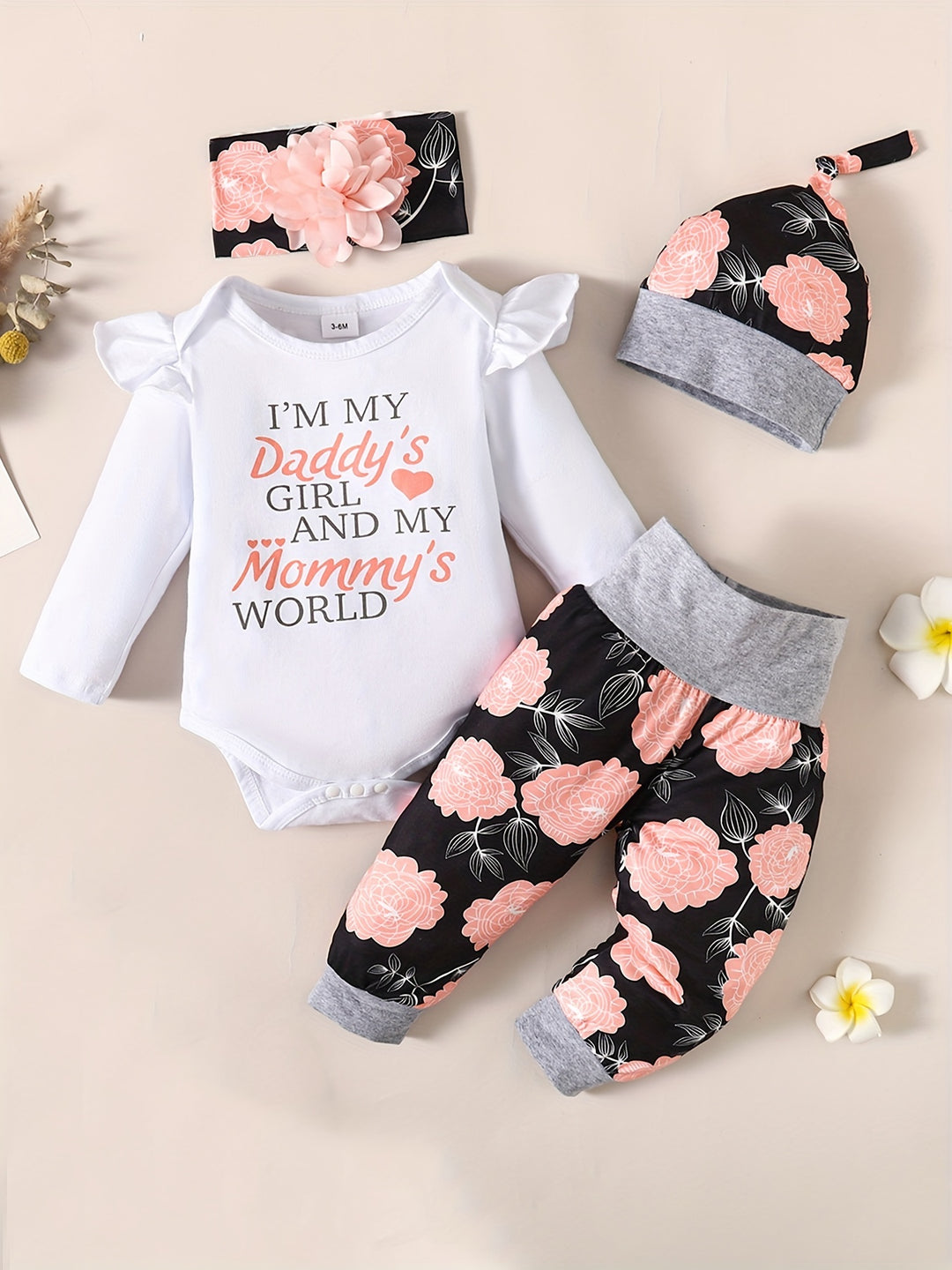 Infant Baby Comfy & Cute Outfit - Letter Graphic Romper + Floral Print Pants + Headband  Set