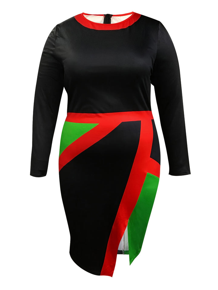 Plus Size Elegant Dress, Women's Plus Colorblock Long Sleeve Round Neck Medium Stretch Bodycon Midi Dress