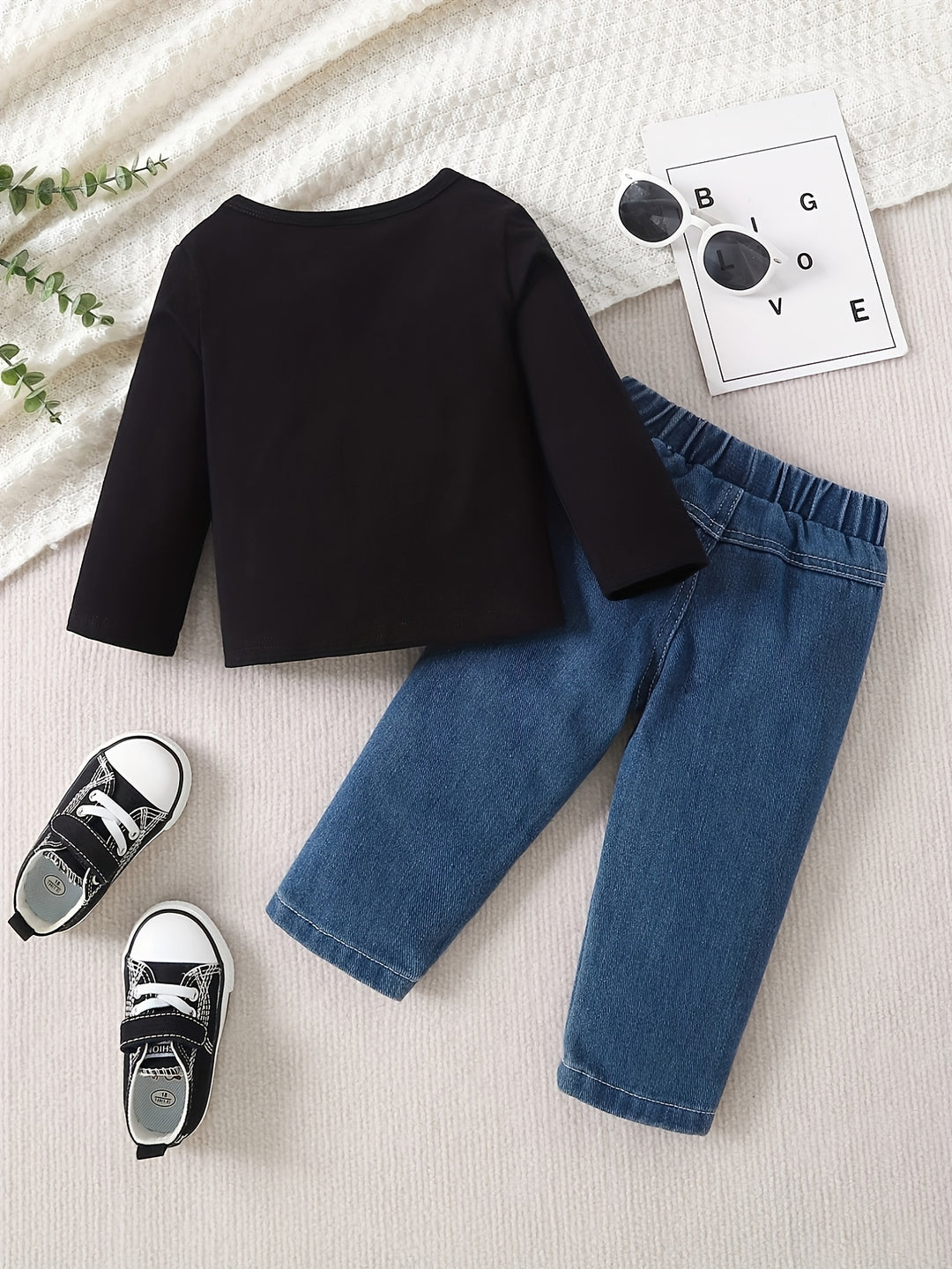 Toddler Baby Boys Trendy Casual Outfit, COOLER VERSION OF DAD Letter Print Long Sleeve Top & Ripped Jeans Set