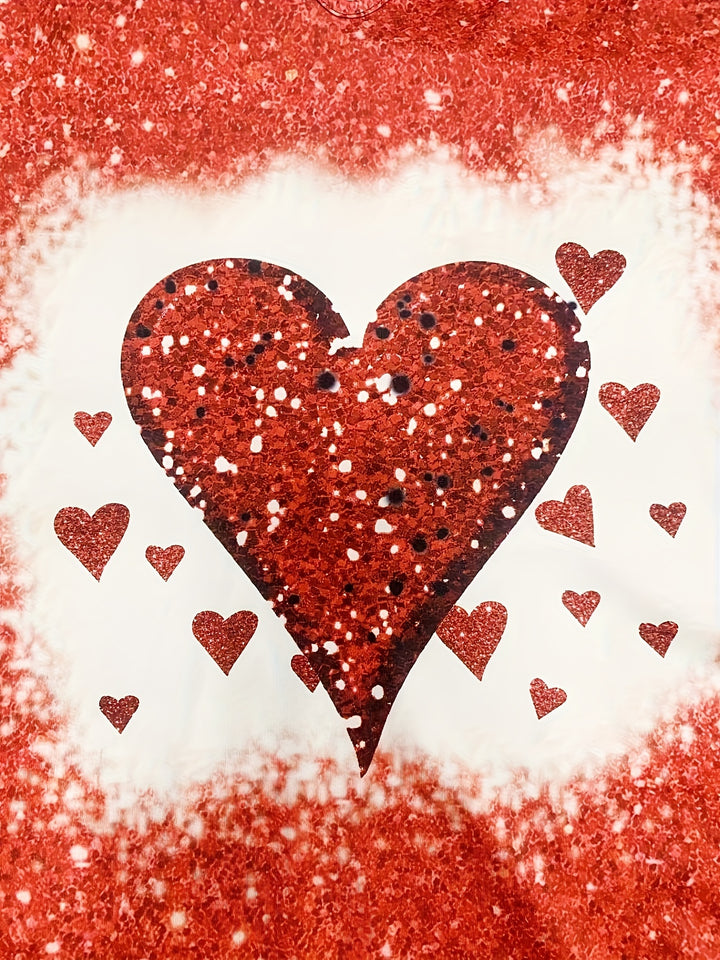 Plus Size Heart Print T-Shirt, Valentine's Day V Neck Short Sleeve T-Shirt, Women's Plus Size Clothing