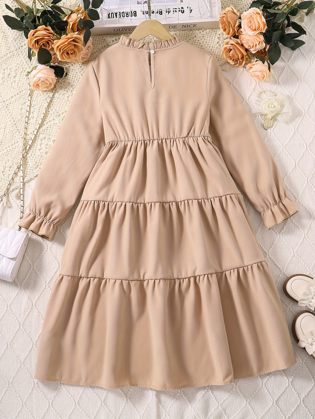 Elegant Girls Embroidery Long Sleeve Ruffle Trim Dress Kids Clothes For Autumn Party