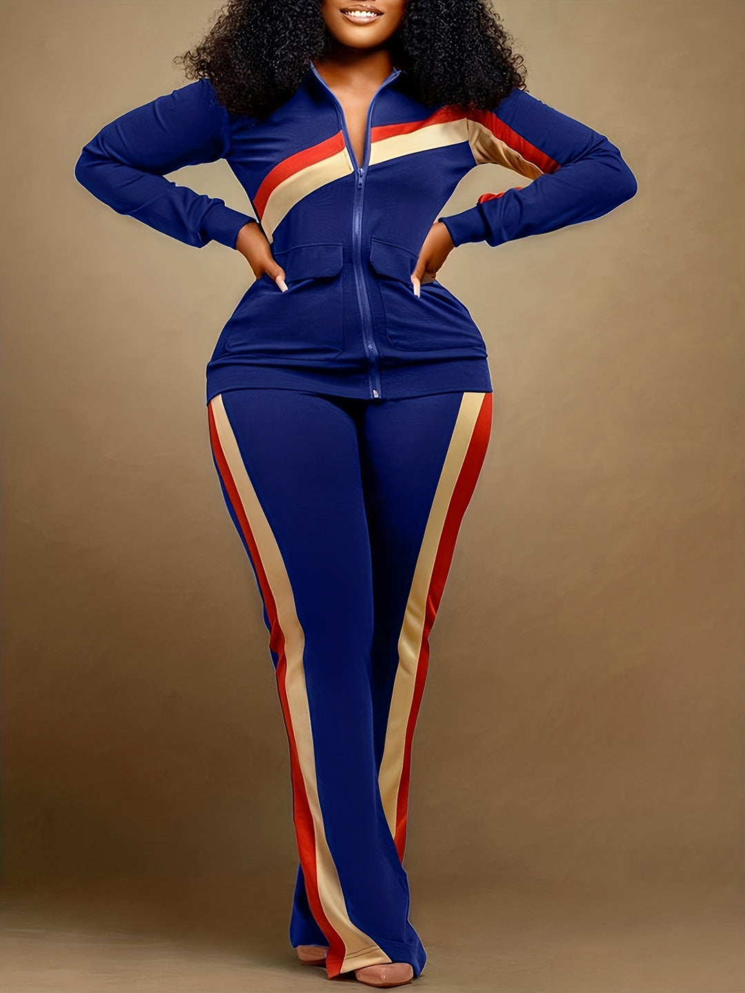 Plus Size Striped Print Jacket & Pants Set, Women's Plus Slight Stretch 2pcs Casual Set Outfits