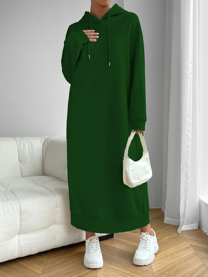 Solid Drawstring Hooded Dress, Casual Long Sleeve Loose Dress, Women's Clothing