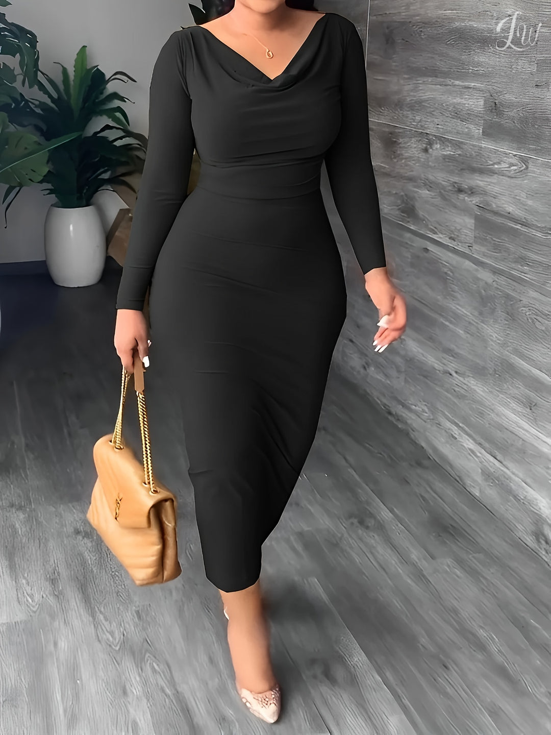 Plus Size Casual Dress, Women's Plus Solid Long Sleeve Cowl Neck High Stretch Slim Fit Dress