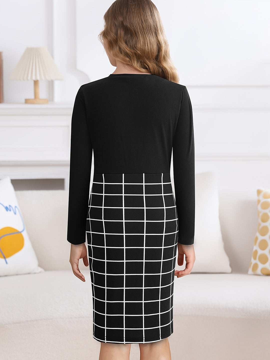 Elegant Girls Splicing Plaid Long Sleeve Bodycon Dress Spring Fall Christmas Gift