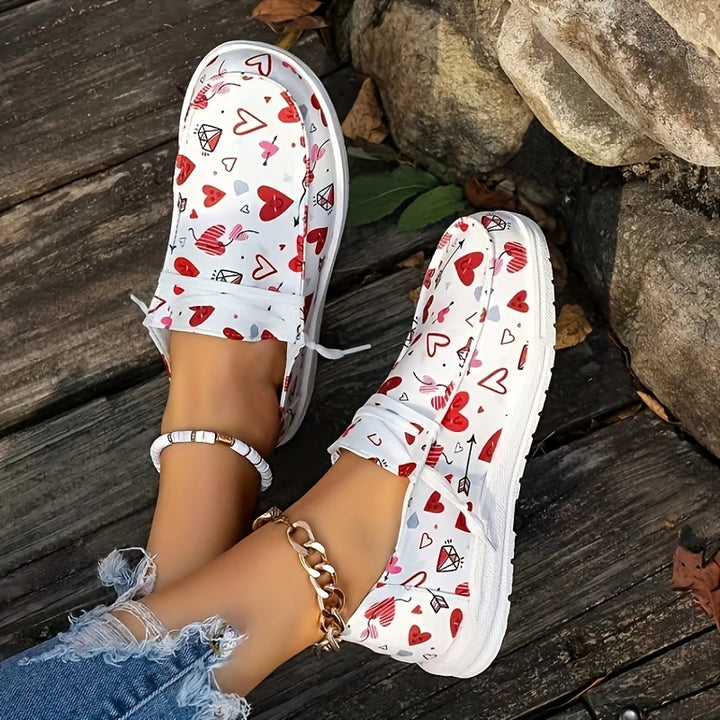 Women's Love Pattern Canvas Shoes, Casual Round Toe Low Top Flat Shoes, Valentine's Day Walking Sneakers