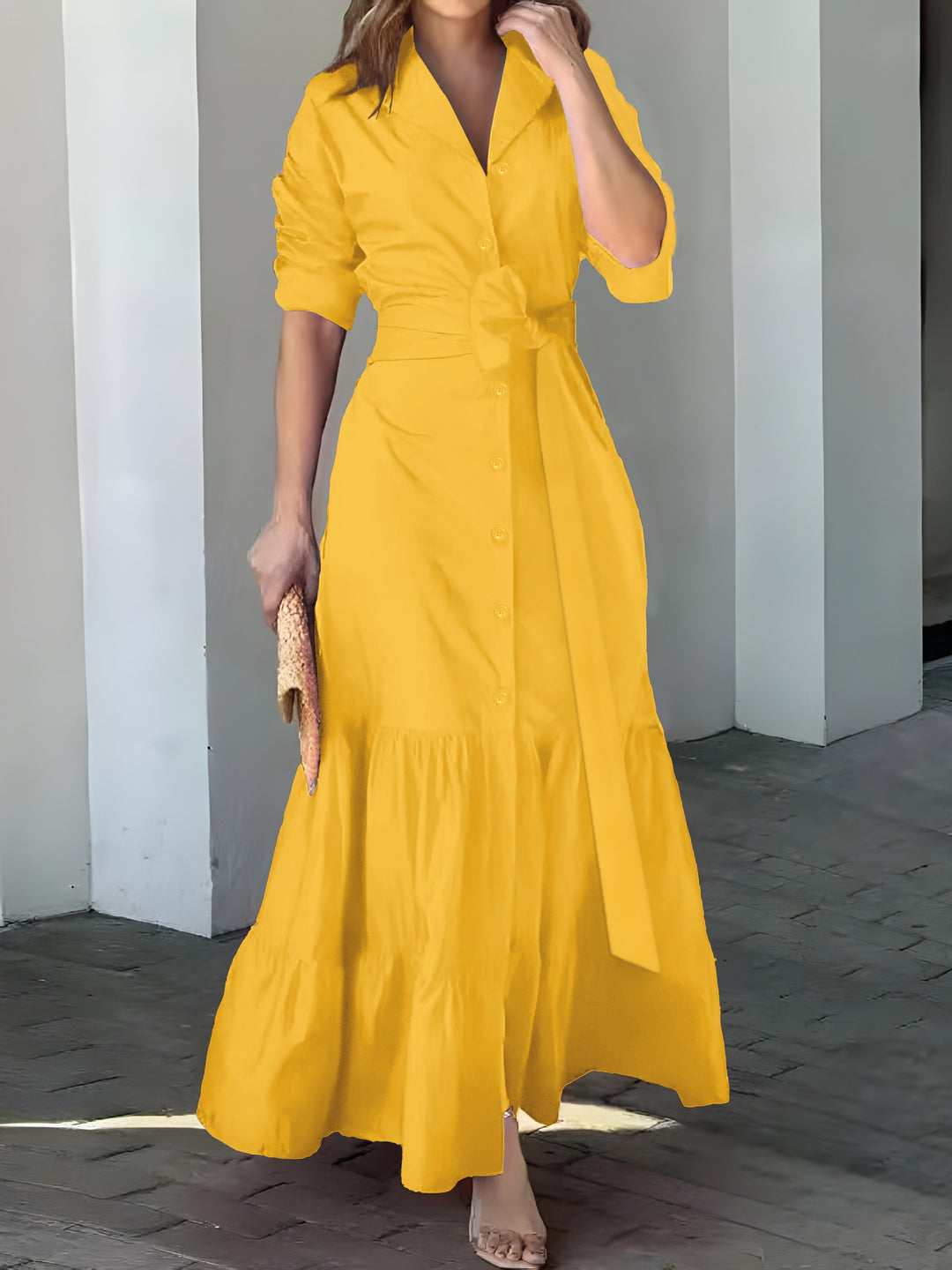 Solid Button Front Belted Dress, Elegant Ruched Sleeve Ruffle Trim Maxi Dress, Women's Clothing