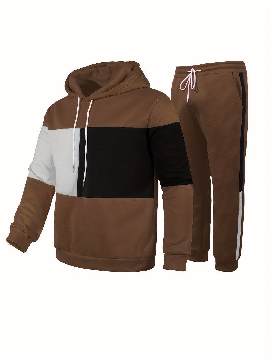 Men's Colorblock Hooded Sweatshirt Casual Outfit Set, 2 Pieces Long Sleeve Pullover Hoodies And Drawstring Sweatpants