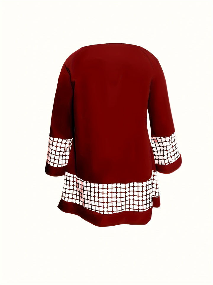 Plus Size Casual Outfit Set, Women's Plus Colorblock Grid Print Bell Sleeve Round Neck Top & Leggings Outfits Two Piece Set