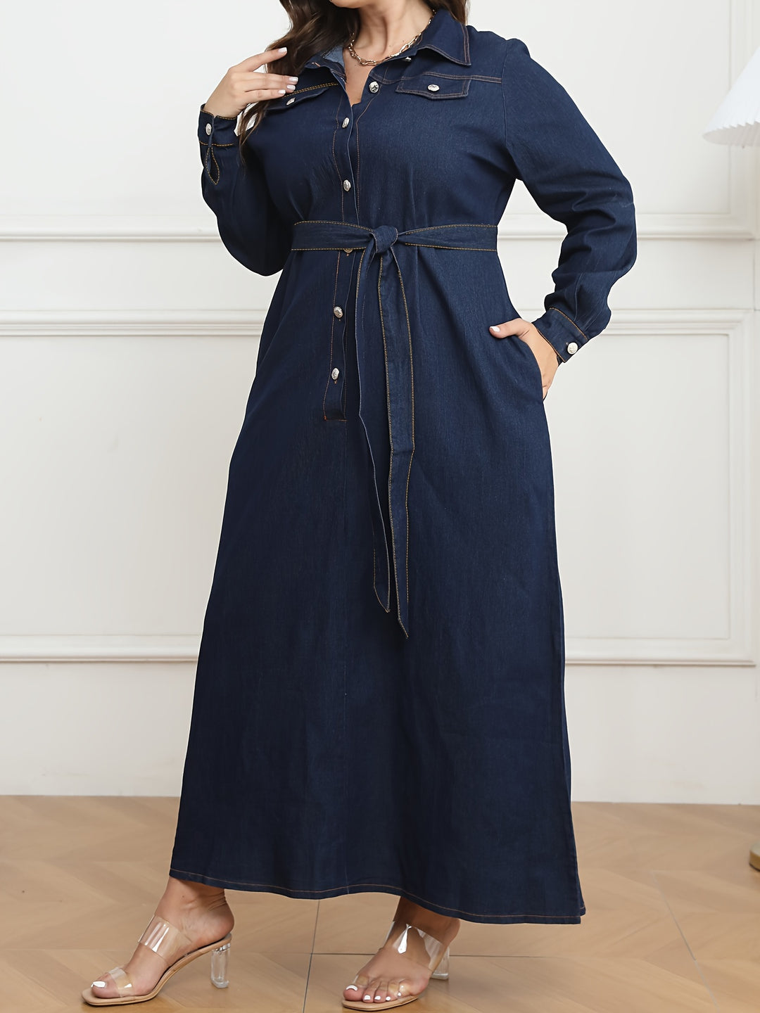 Plus Size Casual Denim Dress, Women's Plus Solid Pipping Button Up Long Sleeve Turn Down Collar Maxi Denim Shirt Dress With Belt