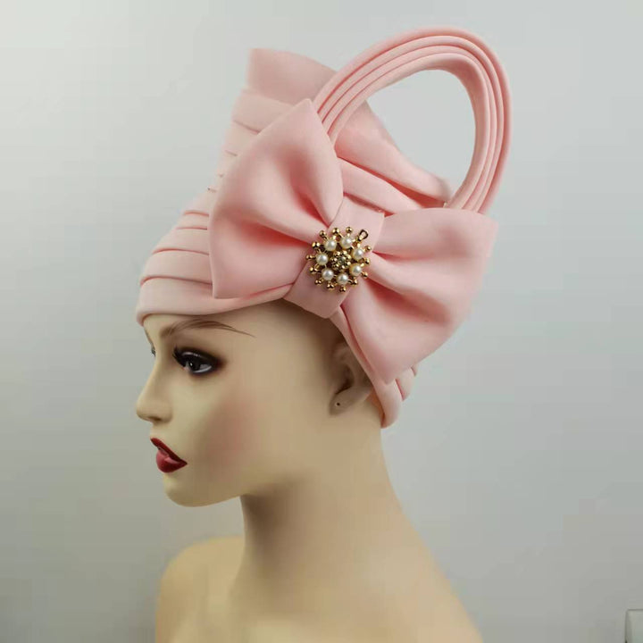 Faux Pearl Alloy Decor Turban Cap Elegant Bow Bandana Multi Layer Wrinkled Trendy Adjustable Hijab Women Hair Accessories