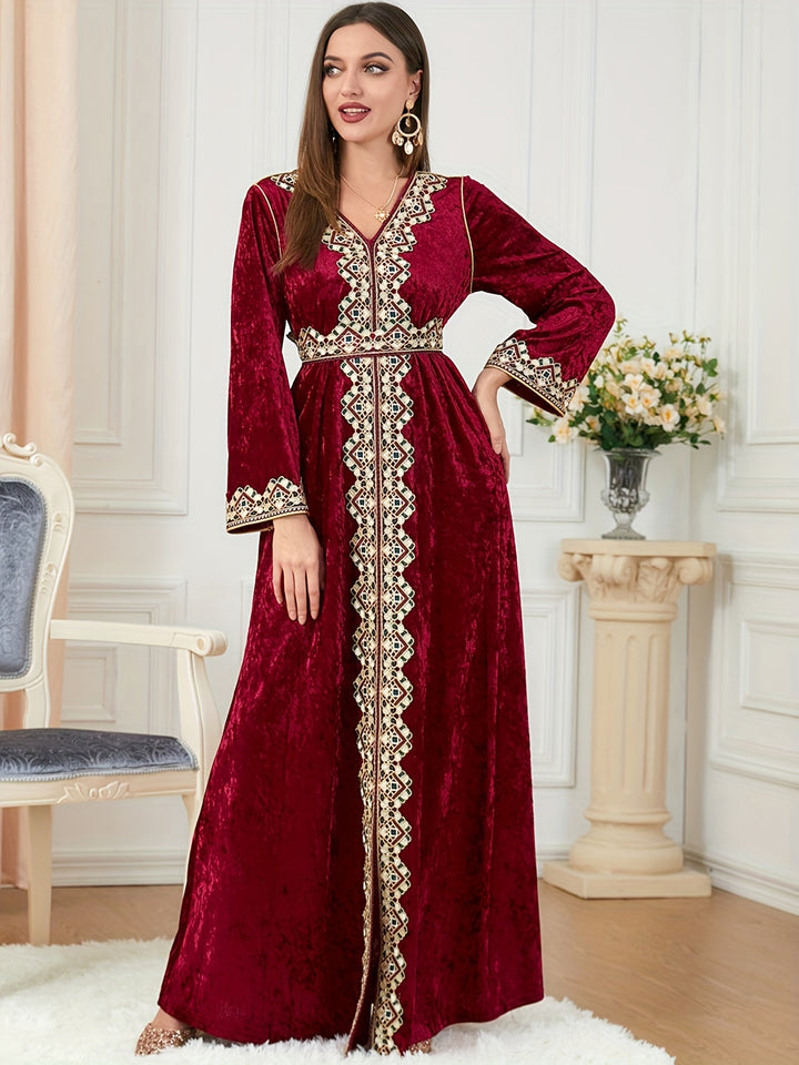 Contrast Trim V-neck Kaftan Dress, Elegant Long Sleeve Tie-waist Maxi Length Dress, Women's Clothing