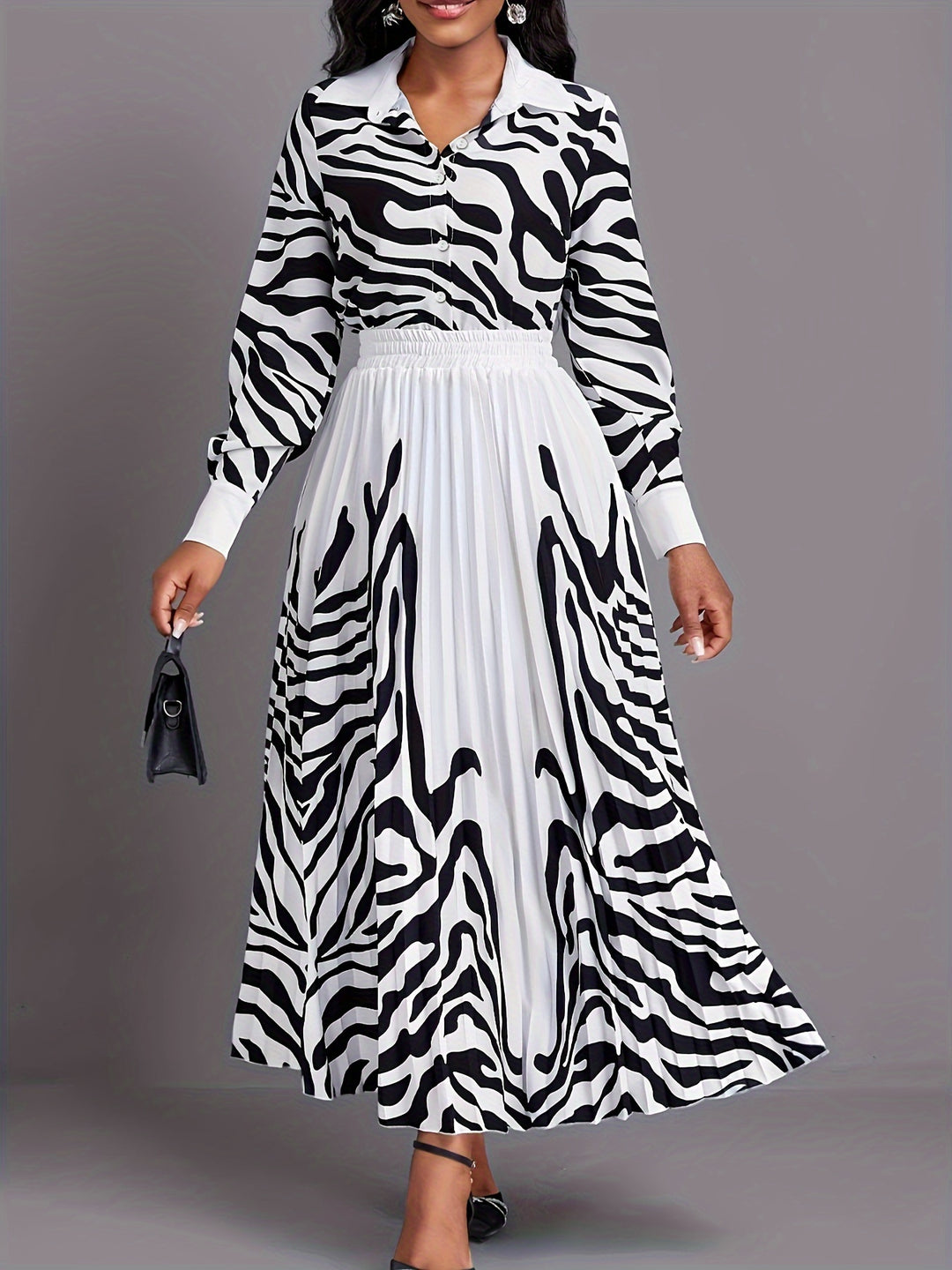 Graphic Print Two-piece Set, Boho Button Front Shirt & Pleated Skirt Outfits, Women's Clothing