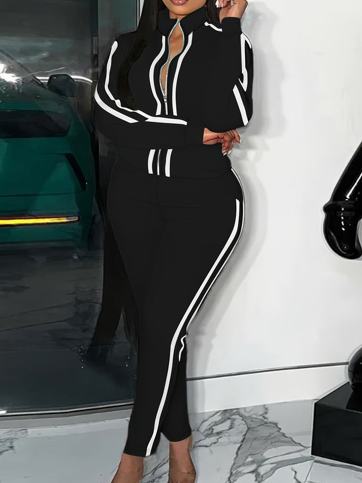 Plus Size Casual Outfits Two Piece Set, Women's Plus Stripe Print Zip Up Long Sleeve High Neck Jacket & Pants Outfits 2 Piece Set