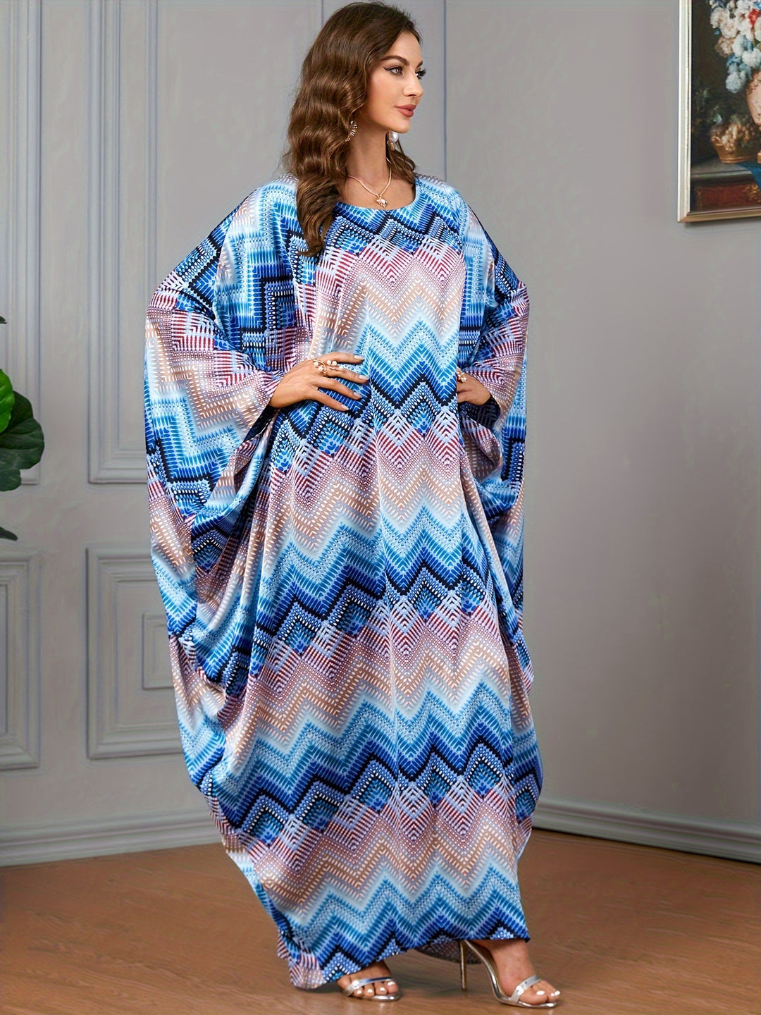 Plus Size Colorblock Stripe Print Kaftan Dress, Elegant Crew Neck Batwing Sleeve Maxi Dress, Women's Plus Size Clothing