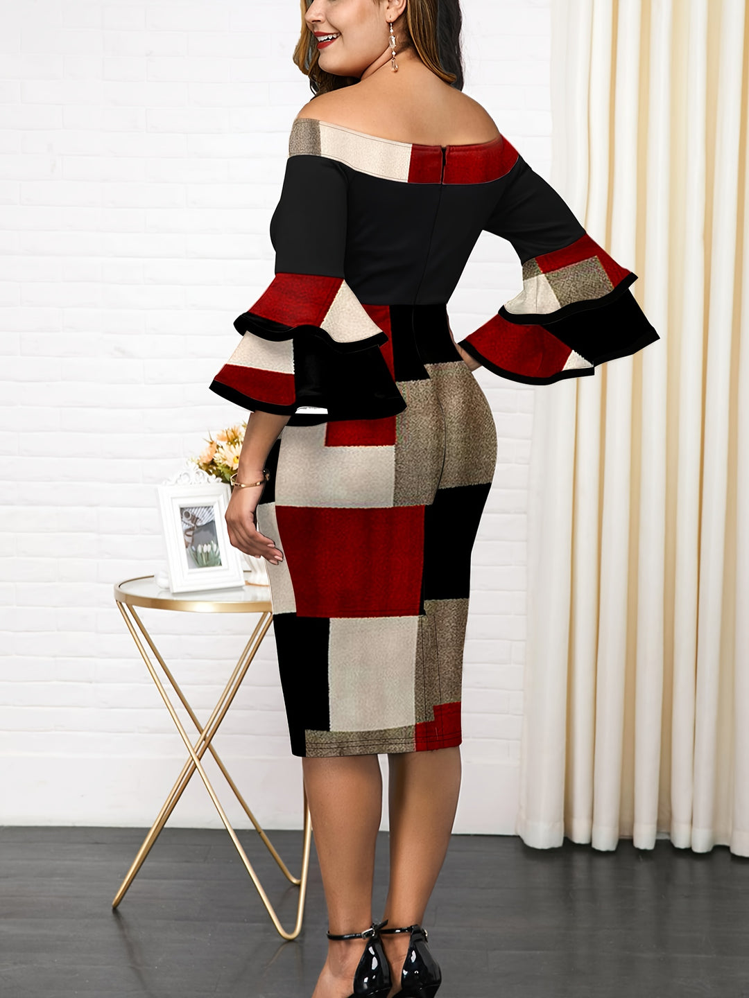 Stylish Plus Size Off Shoulder Dress with Colorblock Design and Flattering Fit