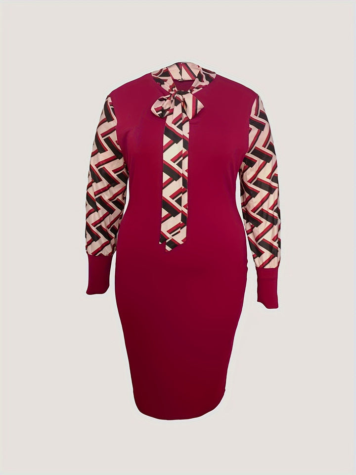 Plus Size Elegant Dress, Women's Plus Leopard Print Raglan Sleeve Tie Neck Bodycon Formal Dress