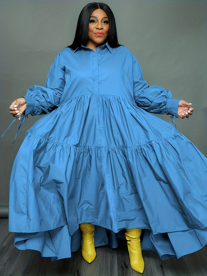 Plus Size Elegant Dress, Women's Plus Solid Tie Lantern Sleeve Ruffle Trim Polo Neck Loose Smock Dress