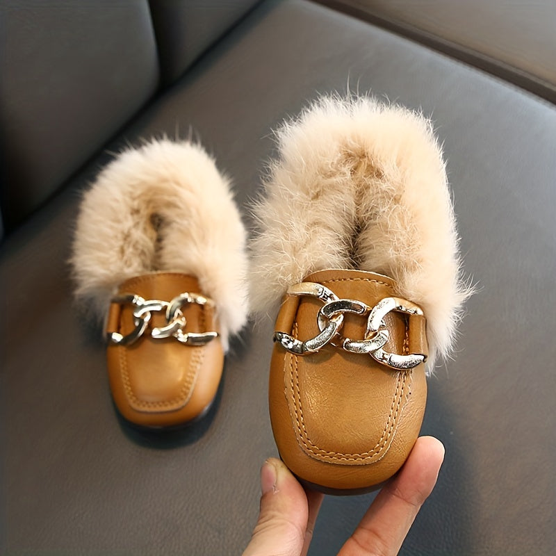 Girl's Furry Loafer Shoes, Solid Trendy Non Slip Soft Sole Thermal Sneakers, Winter & Autumn