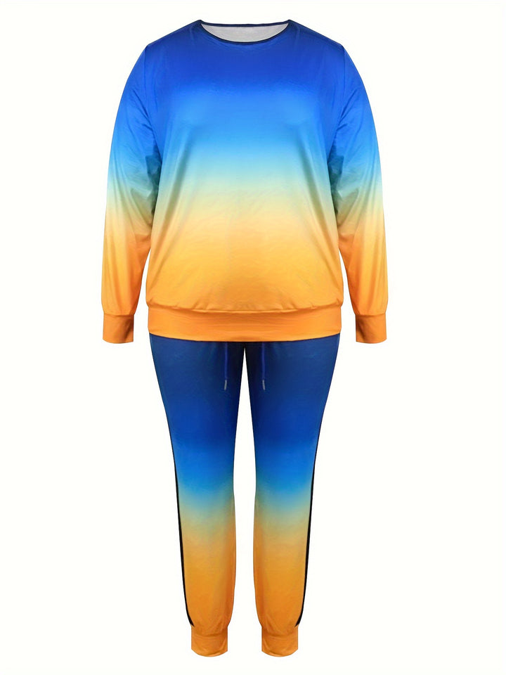 Plus Size Casual Outfits Set, Women's Plus Ombre Print Long Sleeve Round Neck Top & Joggers Outfits 2 Piece Set