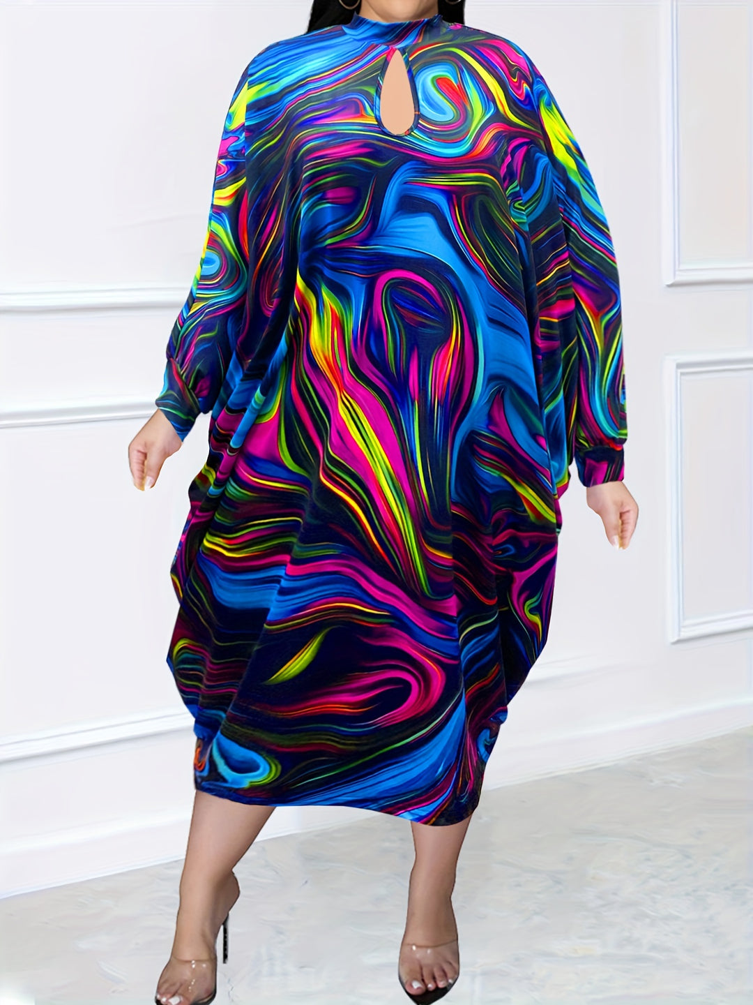 Plus Size Casual Dress, Women's Plus Abstract Stripe Print Keyhole Batwing Sleeve Round Neck Loose Fit Dress