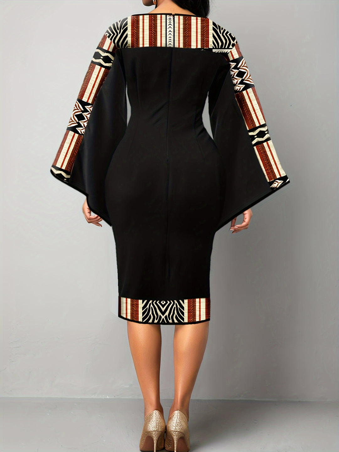 Elevate Your Style with Our Plus Size Colorblock Midi Dress for Women, Featuring Bell Sleeves and a Keyhole Neckline'.