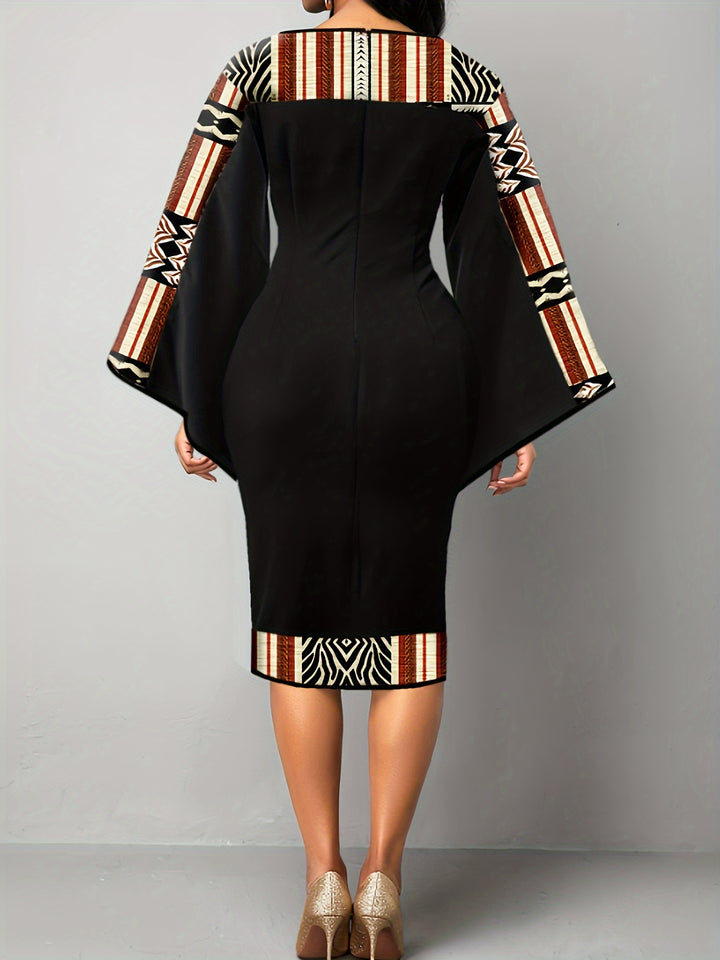 Elevate Your Style with Our Plus Size Colorblock Midi Dress for Women, Featuring Bell Sleeves and a Keyhole Neckline'.