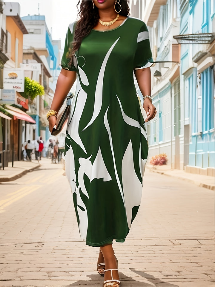 Plus Size Elegant Dress, Women's Plus Abstract Print Short Sleeve Round Neck Baggy Dress