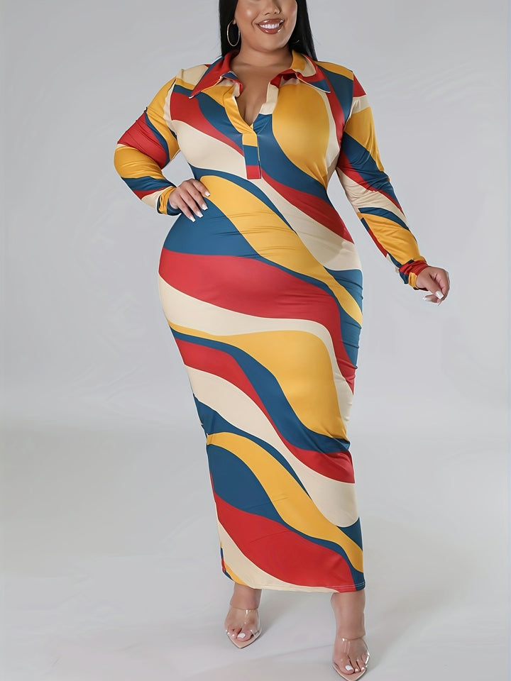 Plus Size Elegant Dress, Women's Plus Geometric Print Long Sleeve V Neck Medium Stretch Bodycon Midi Dress