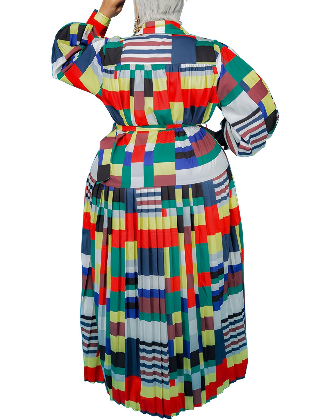 Stylish Plus Size Maxi Dress with Colorblock Design and Lantern Sleeves for Women
