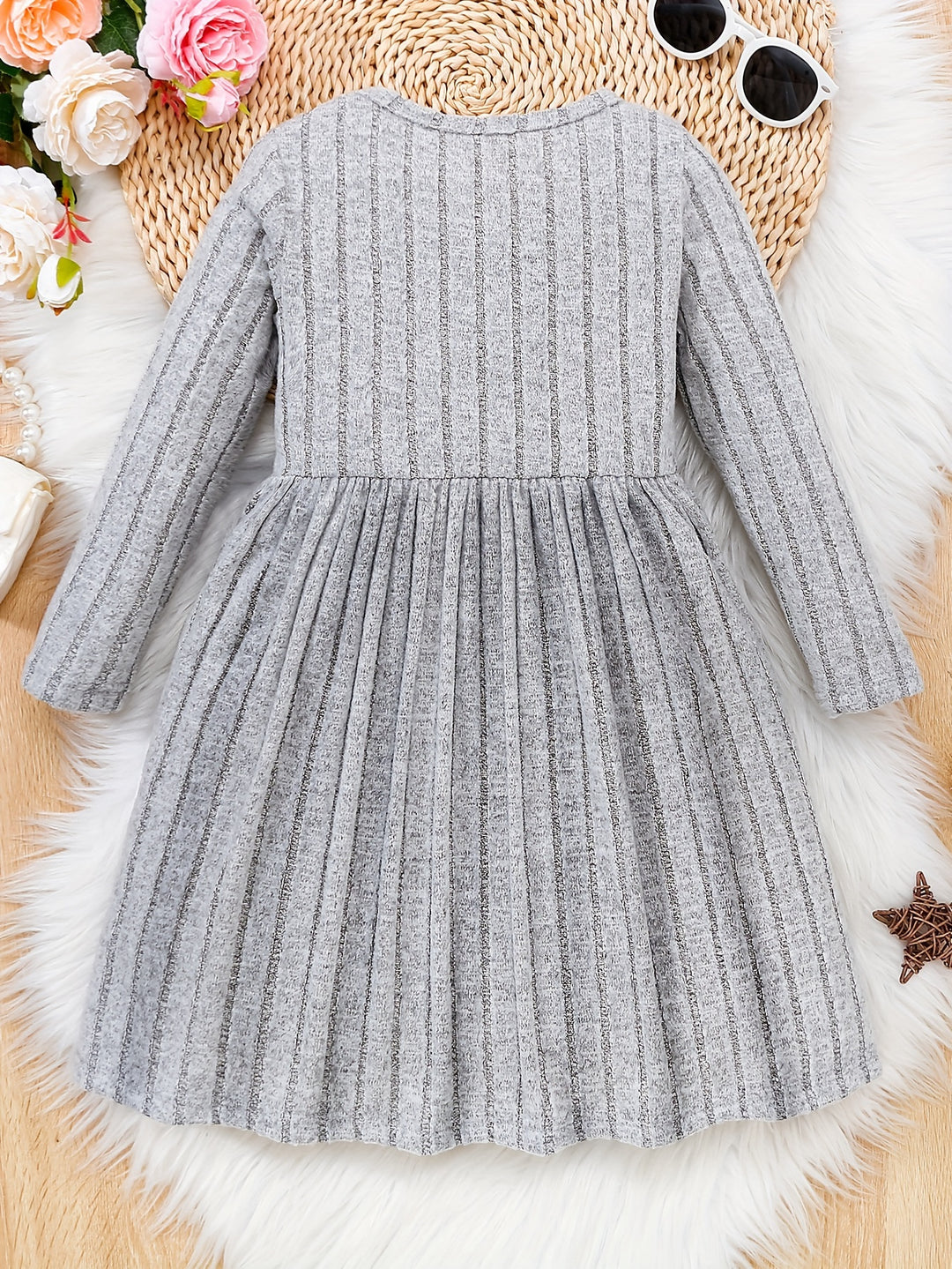 Girls Solid Color Dress Simple And Versatile Round Neck Long Sleeve Dress