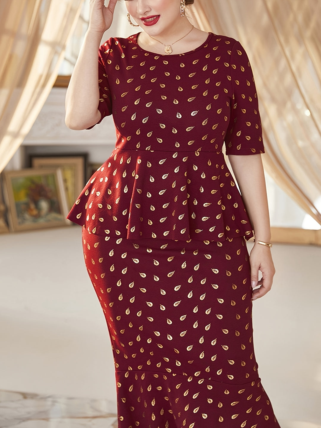 Plus Size Elegant Dress, Women's Plus Golden Dot Print Half Sleeve Round Neck Ruffle Trim Mermaid Dress