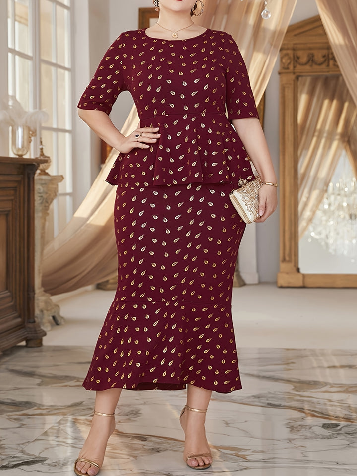 Plus Size Elegant Dress, Women's Plus Golden Dot Print Half Sleeve Round Neck Ruffle Trim Mermaid Dress