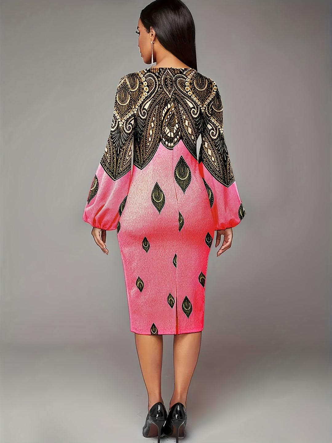 Paisley Print Lantern Long Sleeve Dress, Crew Neck Casual Every Day Dress For Spring & Fall, Women's Clothing