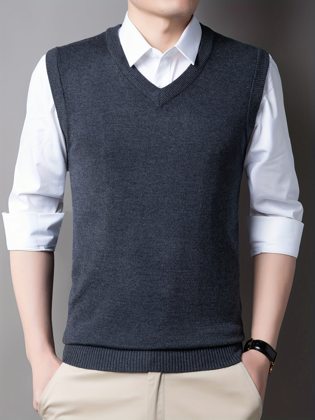 Casual Knitted Pullover, V-neck Sleeveless Thermal Jacket, Wool Vest, Men's Tank Top  For Autumn And Winter