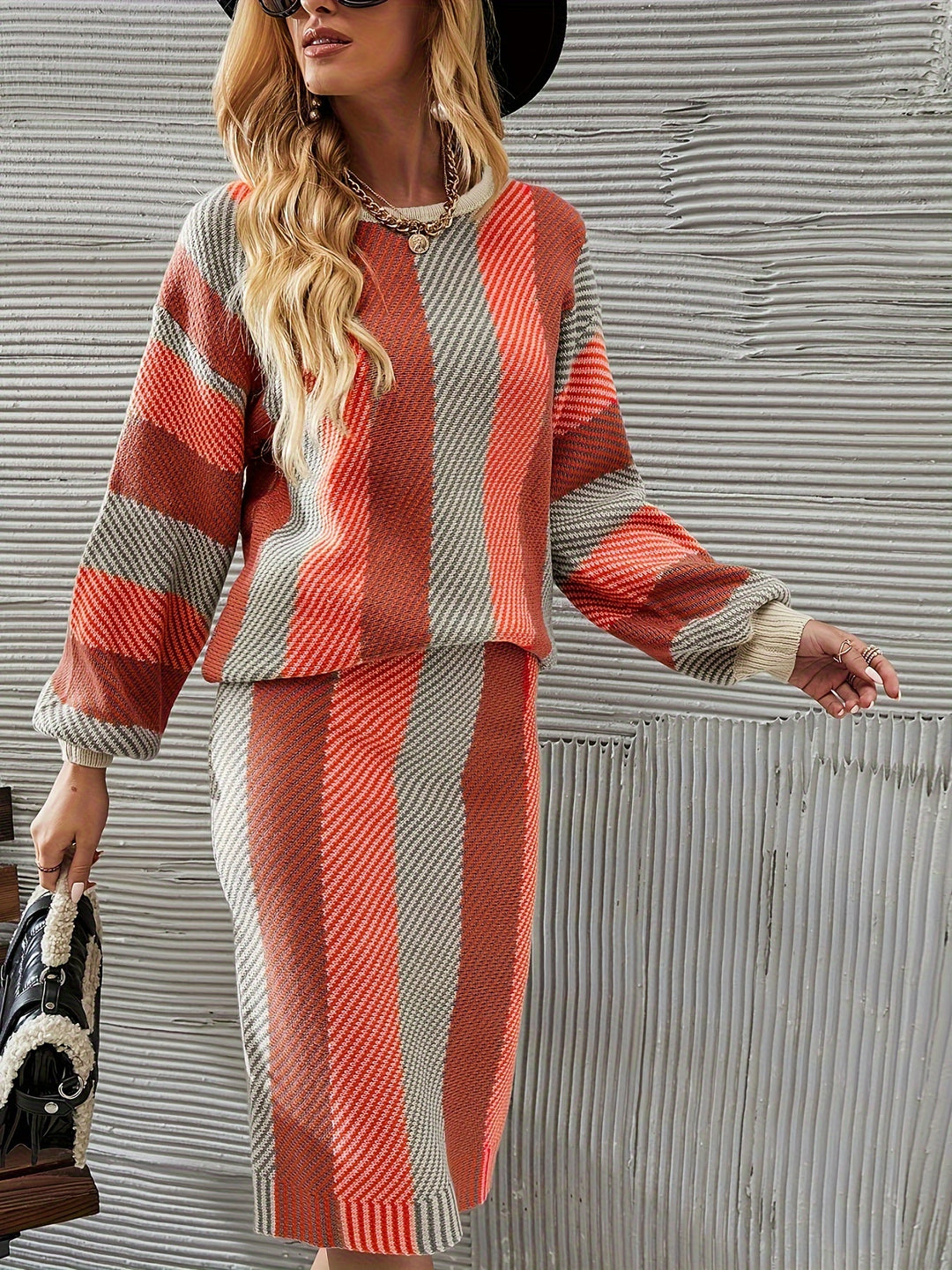 Striped Elegant Two-piece Set, Crew Neck Long Sleeve Tops & Midi Skirts Outfits, Women's Clothing