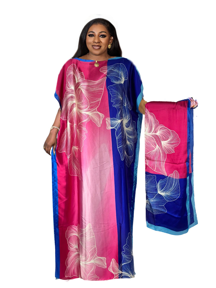 Plus Size Modest Kaftan Dress, Women's Plus Colorblock Floral Print Batwing Sleeve Round Neck Maxi Dress