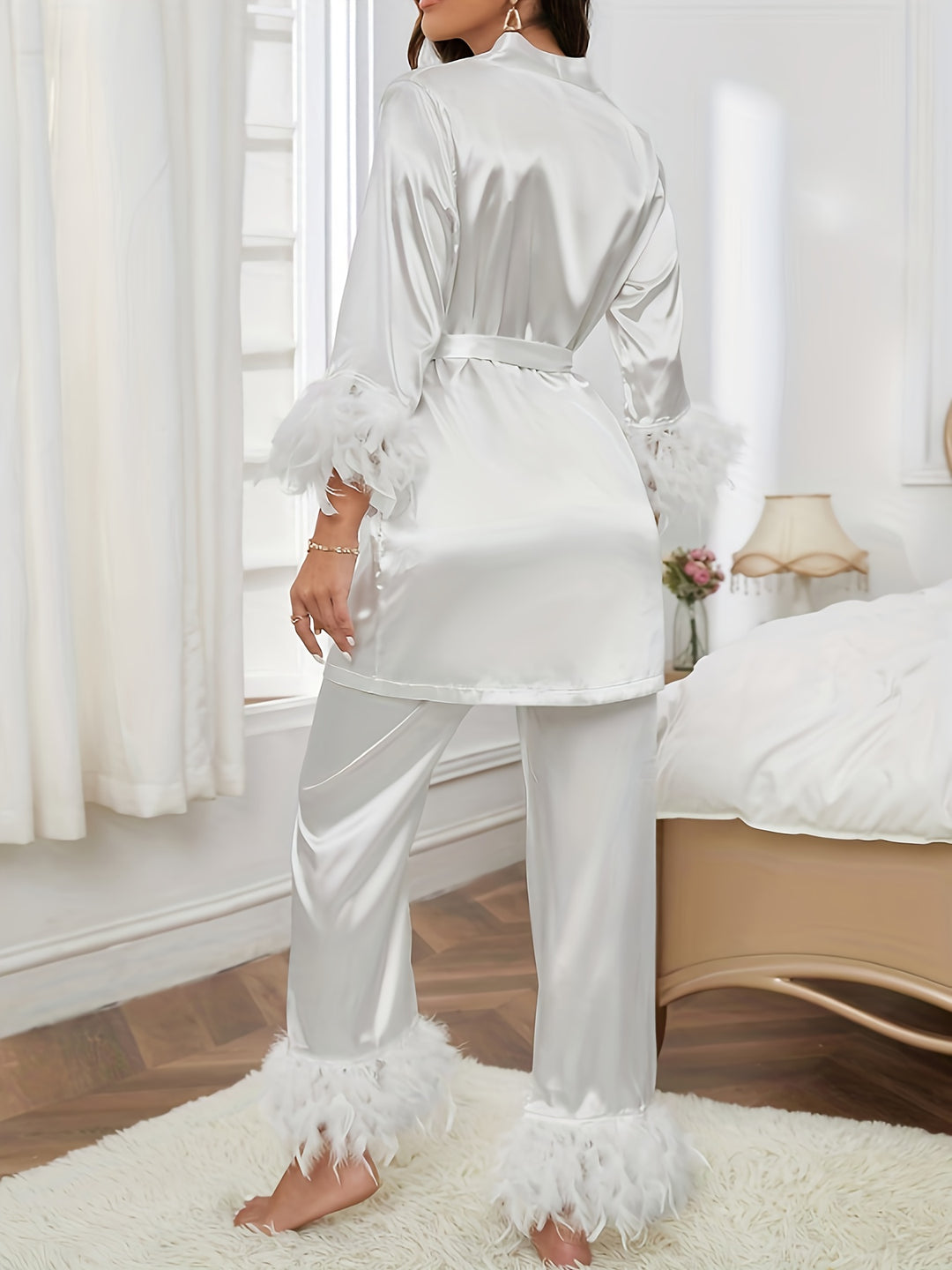 Feather Trim Satin Pajama Set, Long Sleeve Robe With Belt & Elastic Waistband Pants, Women's Sleepwear & Loungewear