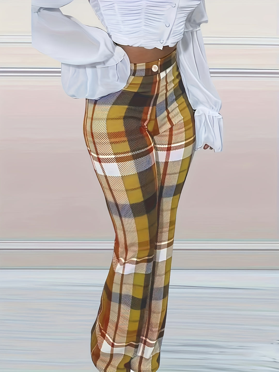 Plaid Print High Waist Pants, Casual Button Front Straight Leg Pants For Spring & Fall, Women's Clothing