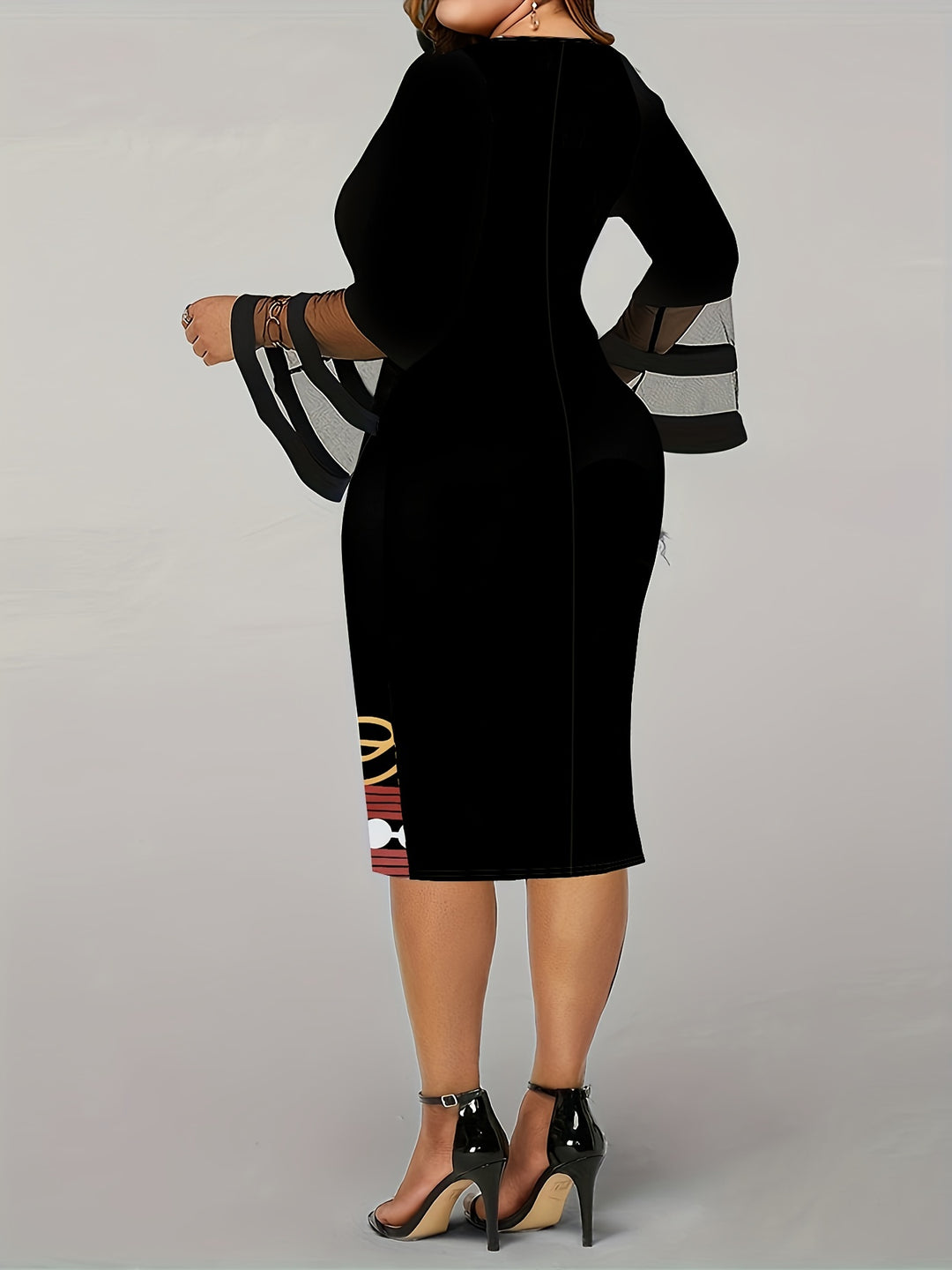 Plus Size Casual Dress, Women's Plus Colorblock Geometric Print Contrast Mesh Bell Sleeve Round Neck Medium Stretch Slim Fit Midi Dress