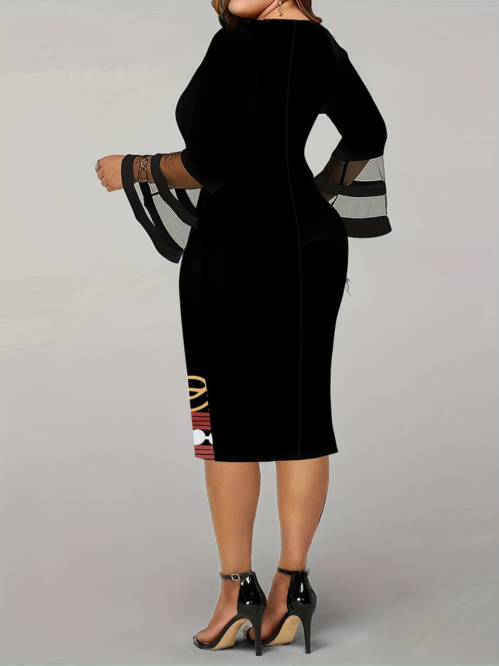 Plus Size Casual Dress, Women's Plus Colorblock Geometric Print Contrast Mesh Bell Sleeve Round Neck Medium Stretch Slim Fit Midi Dress