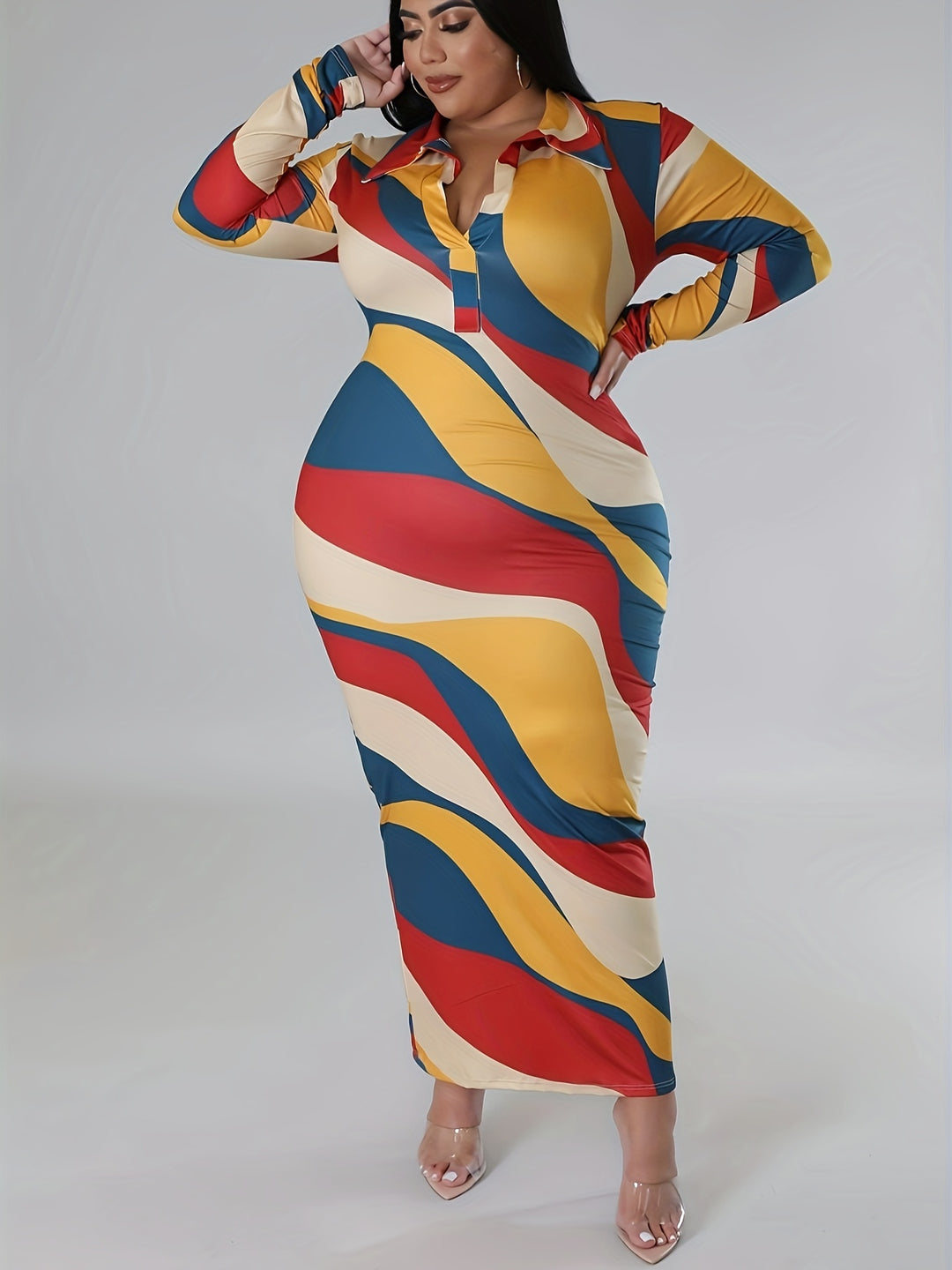 Plus Size Elegant Dress, Women's Plus Geometric Print Long Sleeve V Neck Medium Stretch Bodycon Midi Dress