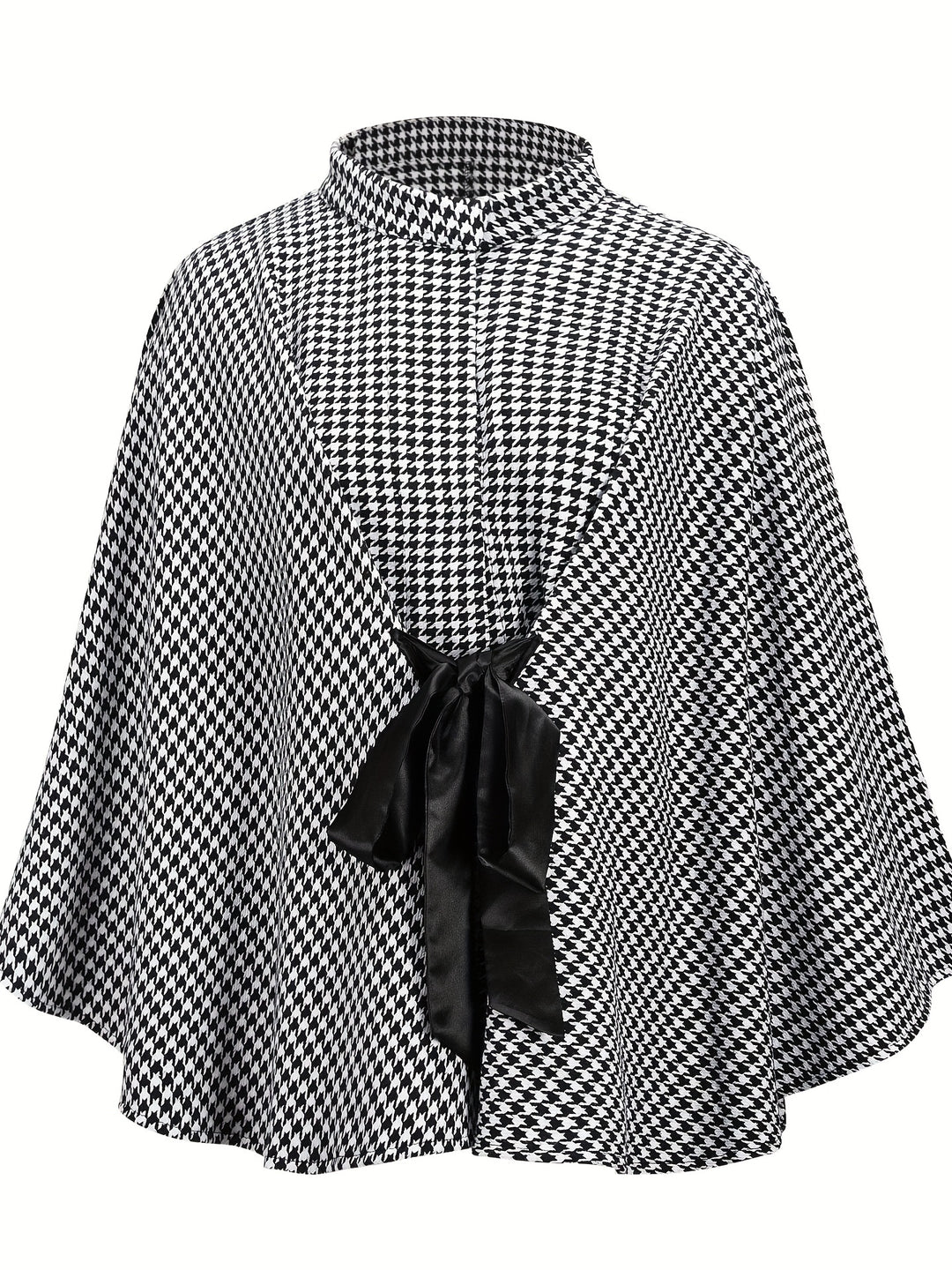 Houndstooth Print Cape Top, Casual Tie Front Loose Outerwear, Women's Clothing