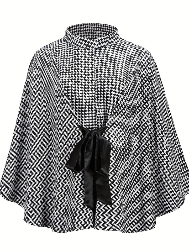 Houndstooth Print Cape Top, Casual Tie Front Loose Outerwear, Women's Clothing